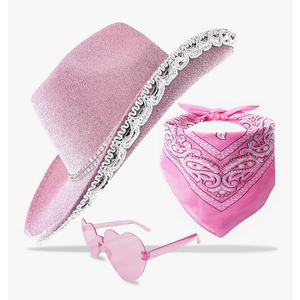 Cowboy Hat Pink Cowgirl Hat with Sequins & Tiara Belt for Women Rodeo Party Hats with Heart Glasses
