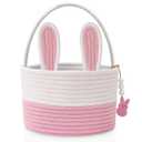 Easter Baskets for Kids, Pink Small Woven Rope Bunny Personalized Easter Basket Empty with Handle, Basket Name Tag, Baby Egg Easter Baskets for Girls Boys Toddler Babies Infant, 9" x 9" x 6.3", Pink, Small