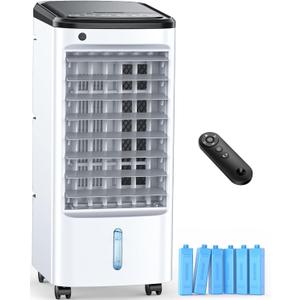 FANCOLE Windowless Portable Air Conditioners with 6 Ice Packs, 12H Smart Timer for Auto-off, 26Ft Remote, Top Fill Dual Tank, 3Speeds Evaporative Air Cooler, 70Auto Swing Swamp Cooler Air Conditioner (White)