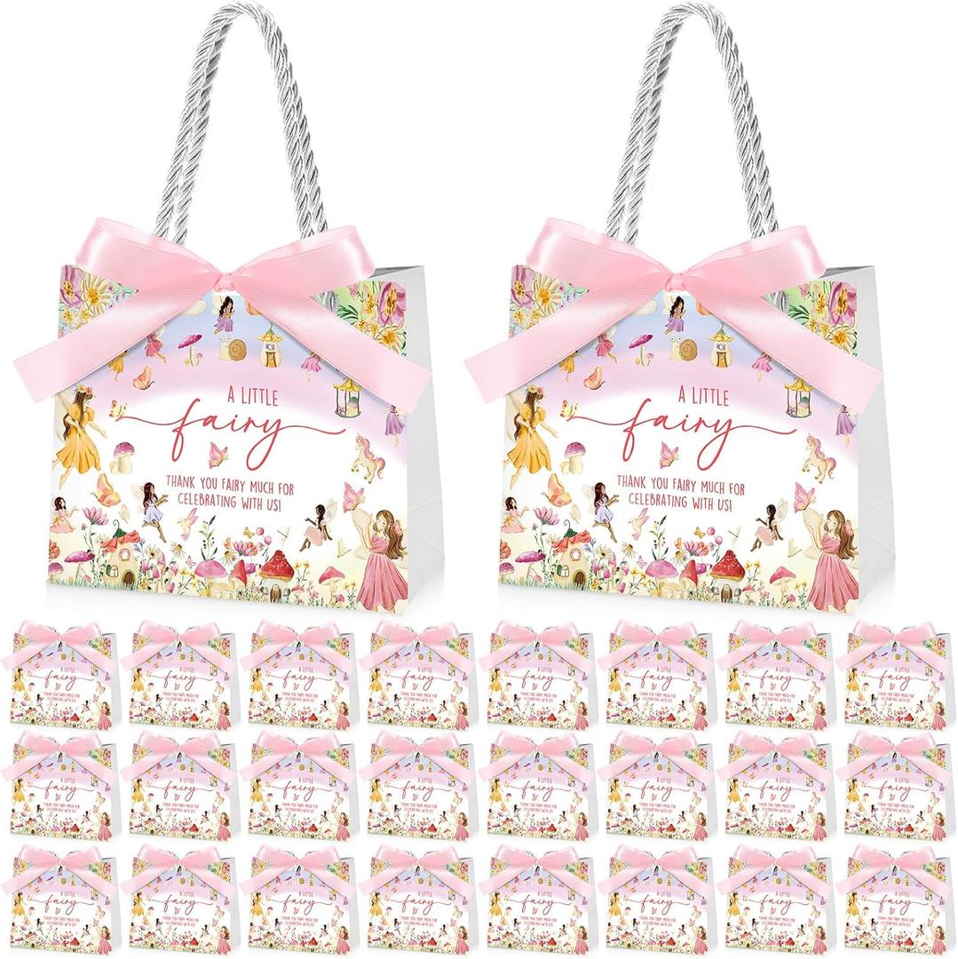 Kolldenn 50 Pcs Fairy Gift Bags 5.5 x 2.4 x 4.7 Inch Fairy Party Favors Bags with Handles and Pink Ribbon Bow Mushroom Goodie Bag for Birthday Baby Shower Bridal Shower Wedding Party Favors