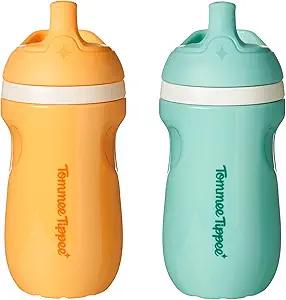 Tommee Tippee Insulated 9oz Sporty Spout Toddler Water Bottle, No Spill, Sippy Cups for Toddlers 13, TwoPiece Valve Helps Stop Spills, Light Blue & Orange, BPA Free, Pack of 2