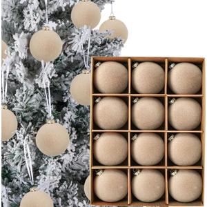 12pcs Christmas Tree Hanging Ball Decoration 2.4Inch Velvet Christmas Ornaments Balls Flocked Shatterproof Plastic Xmas Tree Ball for Party Holiday Wedding Home Decor (1, Beige, 12PCS)
