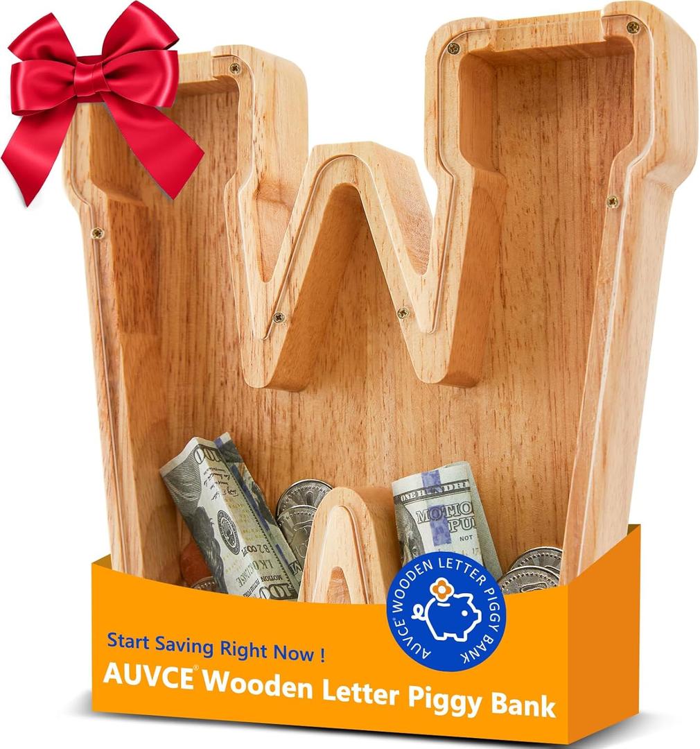 Wooden Initial Piggy Bank - Large Solid Wood Money Box for Kids - Personalized Letter Money Bank, Unique Educational Gift Decor for Baby Shower, Birthday & Nursery(W)