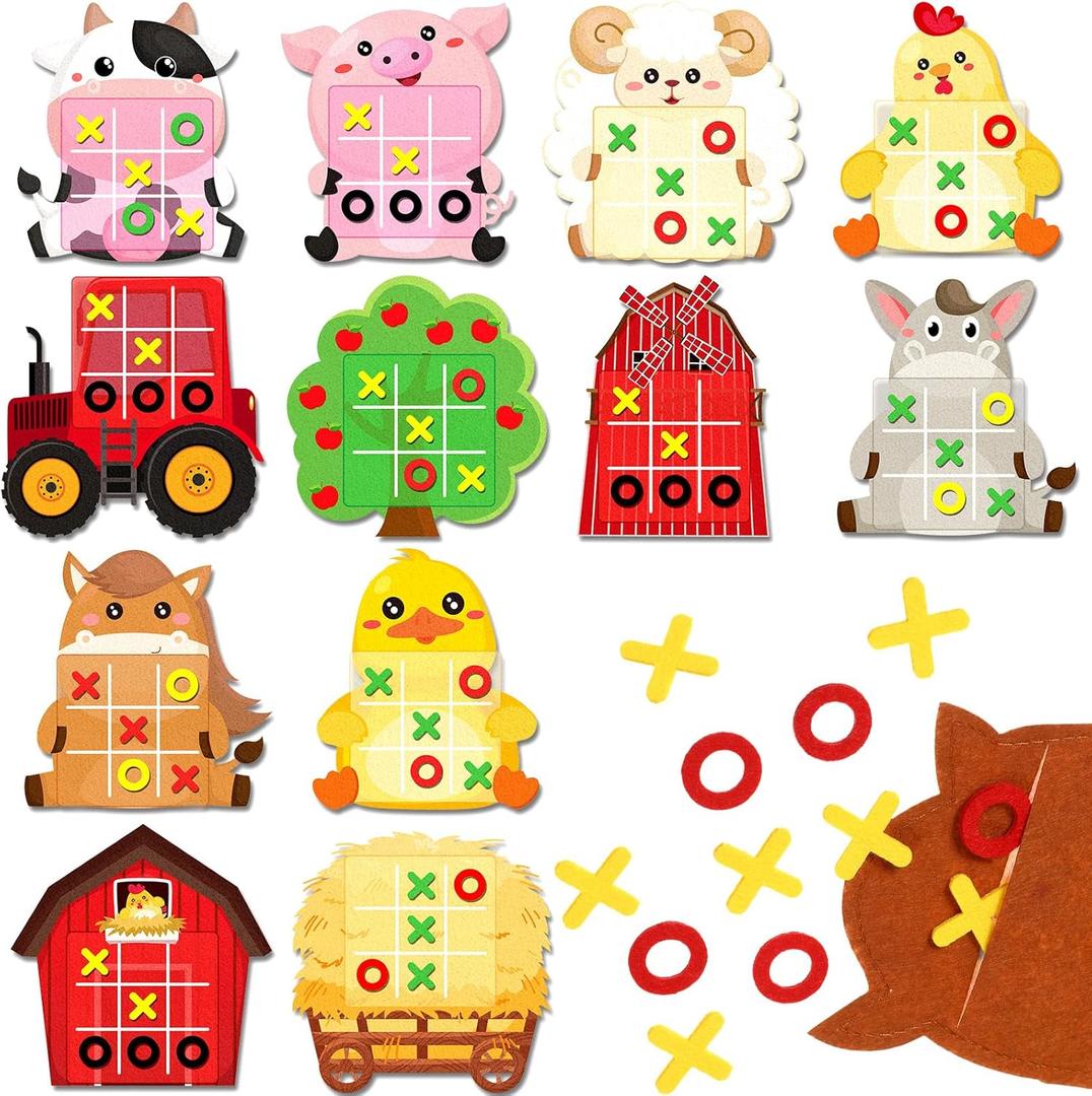 Wiwiqing 24 Pack Tic Tac Toe Farm Party Favors, Felt Travel Board Games Farm Animals Goodie Bags Stuffers Barnyard Cow Pig Sheep Strategic Toys for Birthday Gifts Prizes Themed Party Supplies