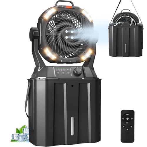 20000mAh Misting Fan with 6L Bucket & 4 Spray Misters, Waterproof Outdoor Cooling Fan for Camping/Patios - Remote Control, 4 LED Light, Stepless Speed & 56H Runtime, Rechargeable Battery, Hanging Hook