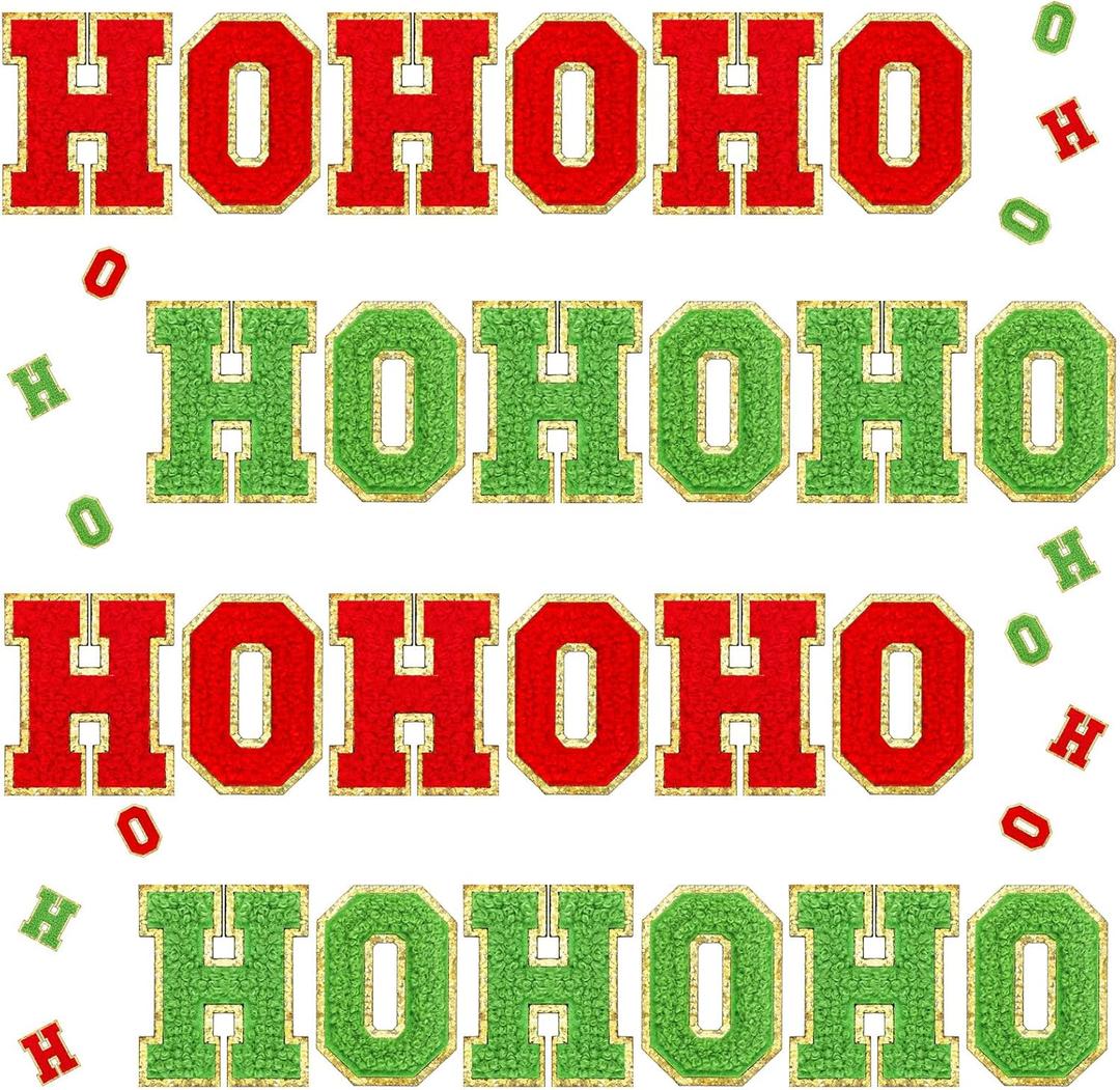24 Pcs Self Adhesive Christmas Iron on Patches Hohoho Winter Christmas Patches Chenille Letter Glitter Red Green Sew on Embroidered Applique Patch for DIY Cloth Crafts, 2.1 Inch