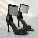 Women's High Heel Sandals Open Toe Ankle Tie Dressy Heeled Sandals for Prom, Party, Evening Events, 3.93 Inch Comfortable Thin Block Heels (Black)