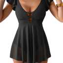 Women's One Piece Ruffle Swimsuit Sexy Mesh One Piece Swim Dress Tummy Control V Neck Swimwear (Large, Black)