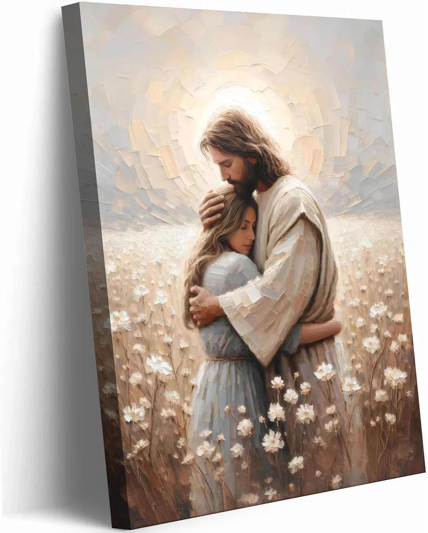 Jesus Hugging Woman Christian Canvas Wall Art Ready to Hang 24"L x 16"W | Jesus and Girl Healing Embrace Print in Floral Field Modern Spiritual Religious Decor for Living Room Bedroom Faith Gifts