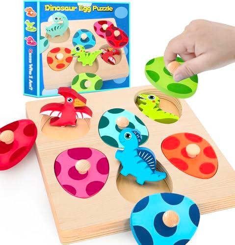 SIERLIKY Wooden Peg Puzzle for Toddlers,Montessori Toys for Kids，Wooden Learning Color Sorting Shape Puzzles for Old Boys Girls, Dinosaur Match Eggs Developmental Sensory Matching Games