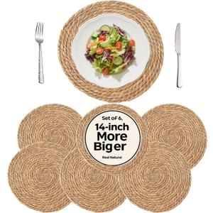 13.8" Round Woven Placemats Set of 6 - Boho Farmhouse Rattan Chargers for Dinner Plates, Braided Jute Table Mats for Dining Decor, Natural Water Hyacinth Heat Resistant Place Mats