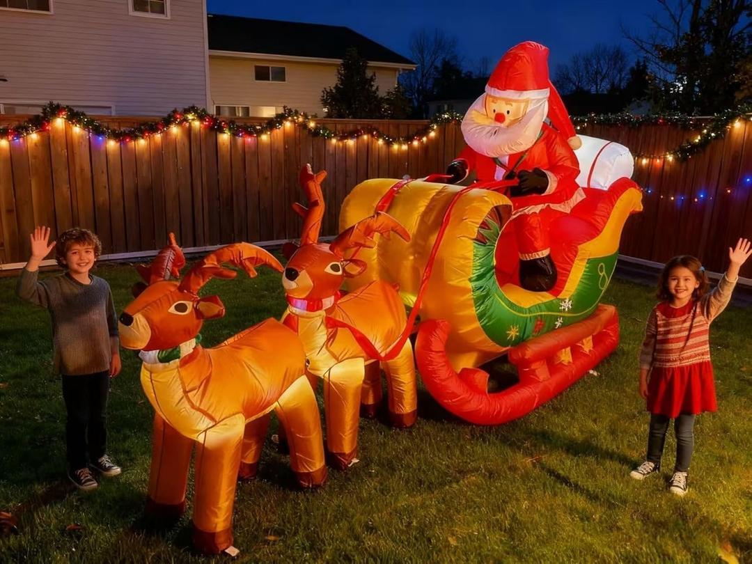 8 FT Christmas Inflatables Santa Claus in Sleigh with Two Reindeer Outdoor Decorations Blow Up Yard Santa Claus with Built-in LEDs (Two Reindeer)