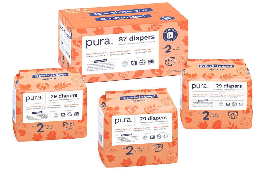 Pura Hypoallergenic Diapers, Size 2 (713 lbs) Totally Chlorine Free, Wetness Indicator, Suitable for Sensitive Skin, Soft Organic Cotton, Overnight, 3 Packs of 29 (87 Baby Diapers)