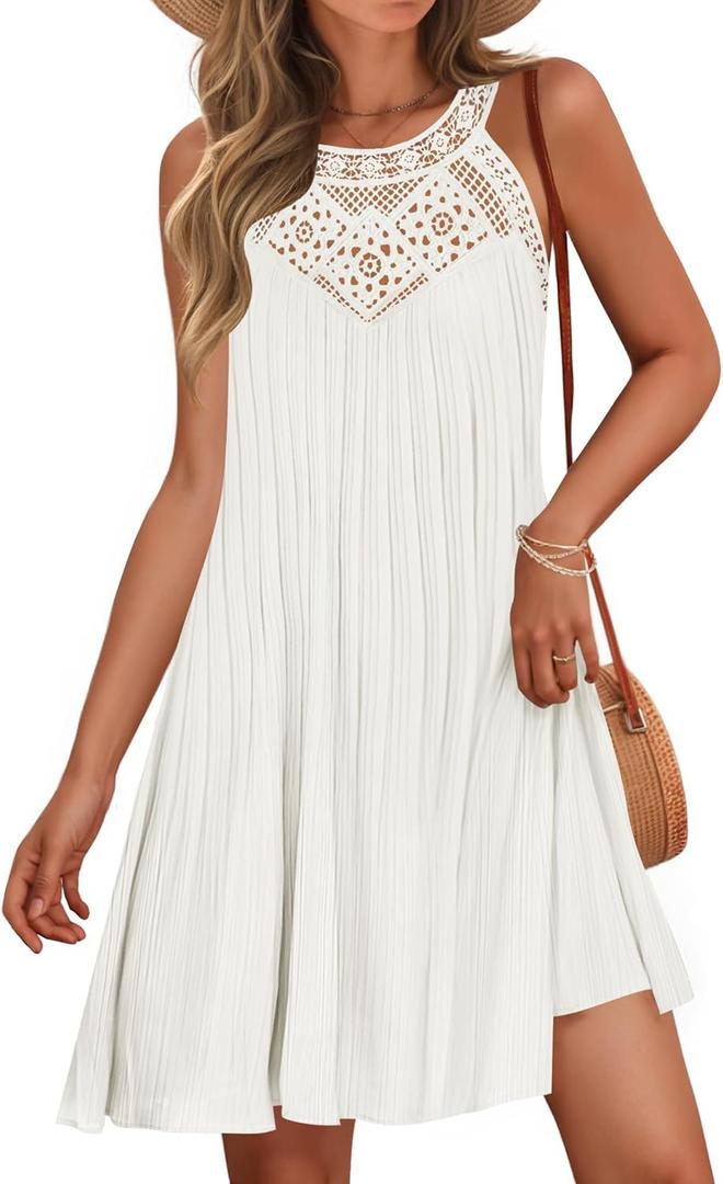 ZESICA Women's 2025 Summer Halter Chiffon Mini Dresses Sleeveless Hollow Out A Line Flowy Ruffle Beach Vacation Sundress (White, XL)