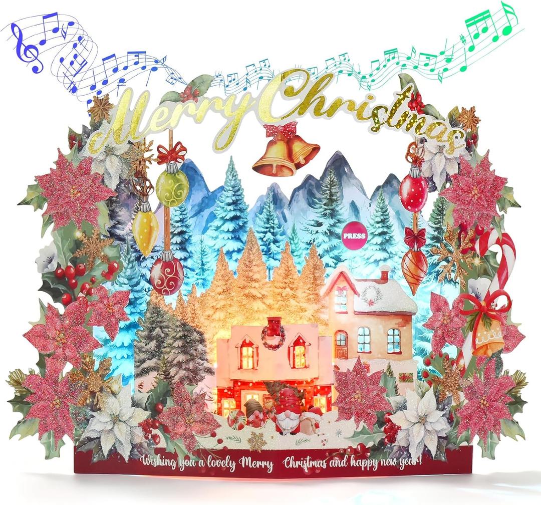 6 x Pop Up Christmas Cards, 3D Paper Woodland Winter Popup Holiday Greeting Card with Lights and Music for Family Friends in Christmas Holiday New Year - Includes Envelop and Note Card