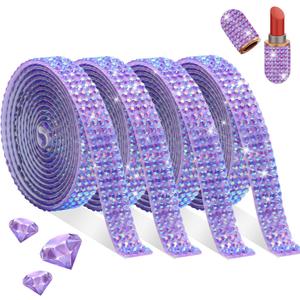 FULZTEY 4 Rolls Rhinestone Ribbon,Deep Purple AB Crystal Ribbon Self Adhesive with 2 mm Jelly Gems for DIY Crafts,Bling Diamond Strips for Car Clothes Wedding Decoration