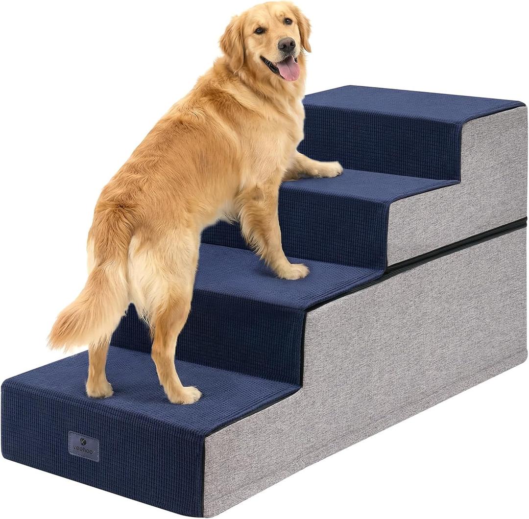 Veehoo 4 Steps Foam Dog Stairs for Large Dogs 24" H, 20" Extra Wide Dog Steps for High Bed with Support Board, Soft Non Slip Dogs Stairs Pet Ramp Ladder for Senior Elderly Pet, Support up to 110 lbs