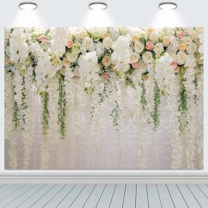 7x5FT Flower Wall Backdrop White and Green Wisteria Rose Floral Photography Background Girls Birthday Party Wedding Bridal Shower Decorations Portrait Photoshoot Banner Photo Booth Props