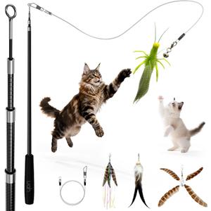 uahpet Natural Feather Cat Toy, Interactive Wand Toy for Indoor Kittens, 60inch Long Cat Fishing Pole Toy for Exercising and Playing, 4Pcs Different Refills and 2Pcs Premium String