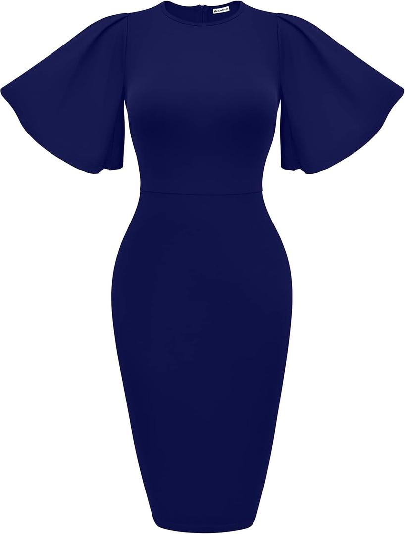 Memoriesea Women's Basic Bodycon Ruffle Flared Short Sleeve Pencil Midi Dress Navy Blue, XL