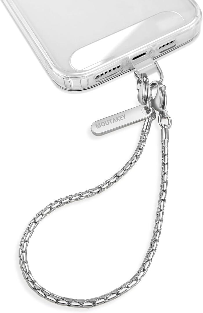 MOUTAKEY Phone Wrist Strap Metal Phone Chain Wristlet Strap Detachable iPhone Lanyard Wrist with 2 Tether Tabs iPhone Charm strap For Women girls Shopping Traveling Party Walking (Short, Silver)
