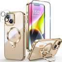 [Tri-Shield Protection] for iPhone 13/14 Case with 360 Spin Stand Compatible with MagSafe [Magnetic CD Ring] [Screen & Camera Lens Protector] Shockproof Plating Never-Yellowing, Gold-6.1"