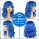 PLULON Blue Wavy Bob Wigs with Bangs Heart Sunglasses Hair Cap for Women, Colored Synthetic Hair Short Bob Loose Curly Shoulder Length Wigs for Costume Bachelorette Party Music Festival