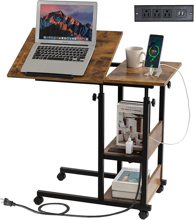 Hadulcet Adjustable C Table with Charging Station, Tiltable Desk C Shaped End Table for Couch, Over Bed Table with Wheels Adjustable Height, Hospital Table Laptop Stand Drawing Desk, Rustic Brown
