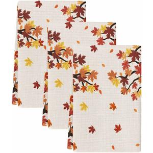Fall Kitchen Towels Set of 3 Thanksgiving Autumn Maple Leaf Dish Towels and Dishcloths Sets Decorative Tea Towel Orange Fallen Leaves Linen Absorbent Hand Towels for Kitchen Bathroom Drying Cleaning (Beige)