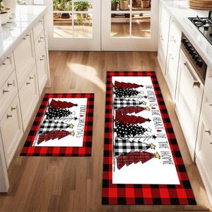BrilliStar Christmas Kitchen Rugs Kitchen Mat Set of 2 Red Buffalo Plaid Xmas Trees Merry Christmas Cushioned Anti-Fatigue Kitchen Rugs Floor Mats for Kitchen Floor Sink Laundry, 17"x47"+17"x24" (1'5" x 3'11" (Rectangular))