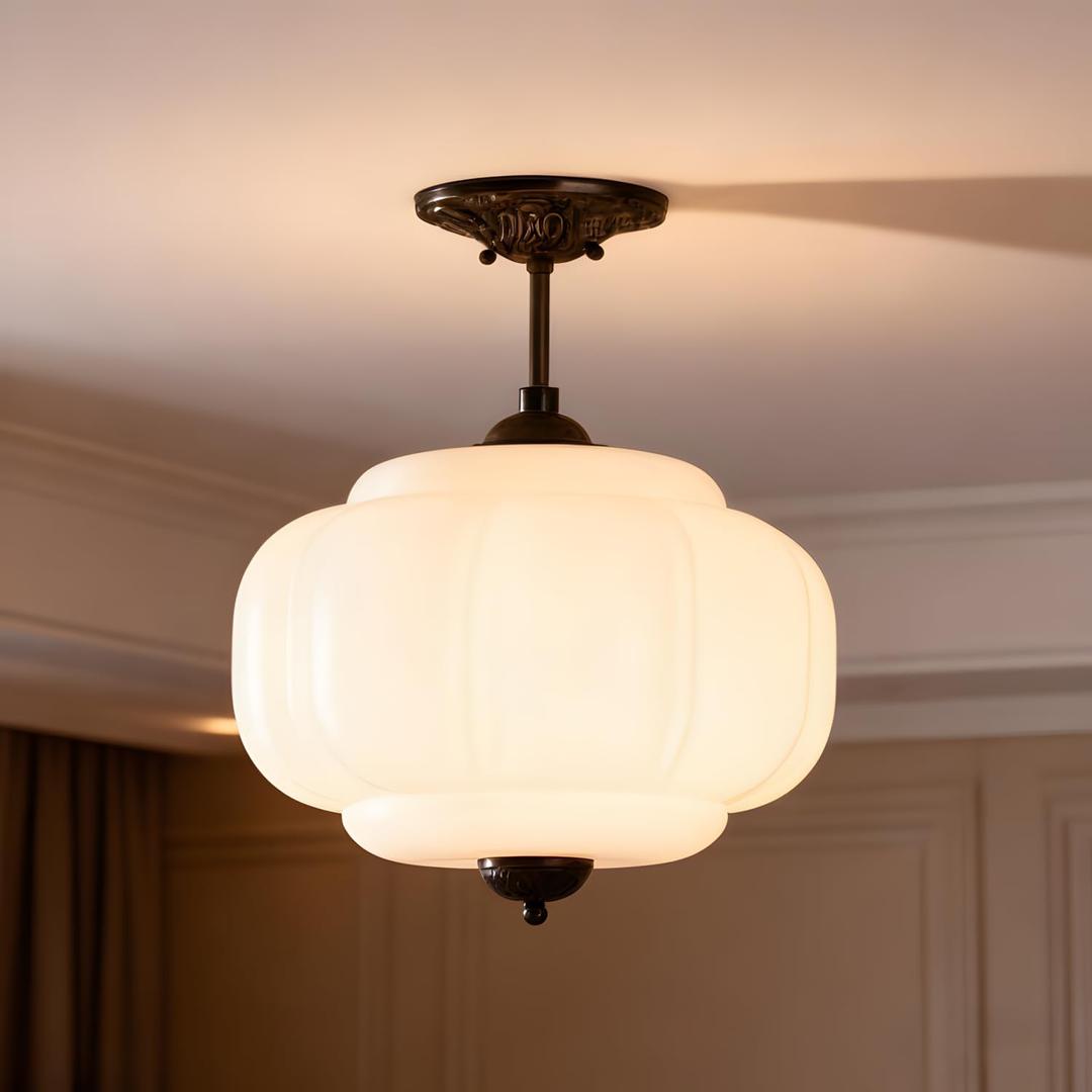 Bofea-Antique Milk Glass Semi Flush Mount Light,15" Black Schoolhouse Hanging Lights,Unique Vintage Pumpkin Pendant Light Fixtures,Indoor Art Deco Chandelier for Kitchen Hallway Dining Room