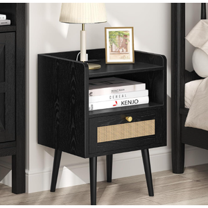 MECHYIN Nightstand with Charging Station & Rattan Decor Drawer, Boho Bedside End Table with Solid Wood Feet, Bed Side Table with Open Storage for Apartment Bedroom Living Room Dorm - Natural