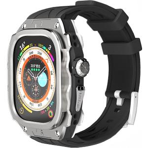 Luxury Metal Case for Apple Watch Ultra 1/ 2 49mm Band with Cover Heavy Duty Rugged Case Silicon Strap for men Full Protective Cover (Silver Knight)