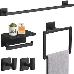 TURS 5-Pieces Matte Black Bathroom Hardware Accessories Set 23.6" Towel Bar Set Wall Mounted Square Toilet Paper Holder with Shelf Stainless Steel