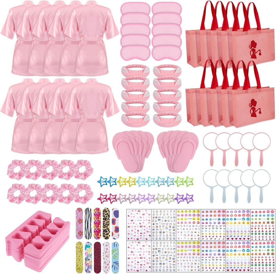 10 Set Spa Party Supplies for Girls,122 Pcs Slumber Party Favors for Girls Satin Robes Spa Kit Accessories Bulk with Tote Bags,Kids Nail Salon Spa Birthday Party Supplies (Pink)