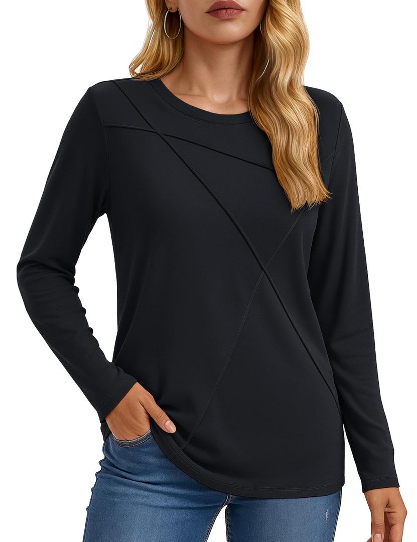 YUCOLEN Womens Long Sleeve Shirts：Pleated Crew Neck Fall Trendy Tops Lightweight Tshirt for Women Casual (Black XXL)