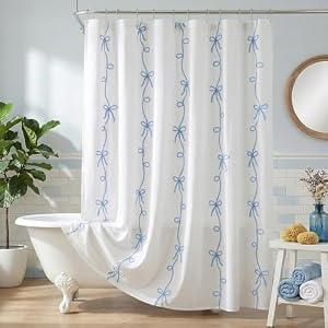 Seasonwood Blue Bow Shower Curtain with Cording Bow Embroidery 72x84 Inches