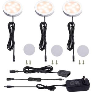 AIBOO 12V LED Under Cabinet Lighting Kit 3 Packs Slim Aluminum Puck Lights with 2-Way Switch All Accessories Included for Counter Closet Lighting 6W (Warm White)