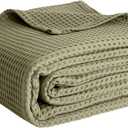 100% Cotton Blankets for Bed - Waffle Weave Blankets for Summer, Lightweight and Breathable Soft Woven Blanket for Spring (Olive Green, Throw (50" x 60"))