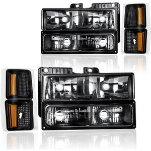 Headlight Assembly, Compatible with Chevy GMC 1995-1999 Tahoe/1994-2002 C1500 C2500 C3500 Suburban, Fit 1994-2000 K1500 K2500 K3500 Suburban, Fit 1994 Blazer Black Housing Amber Reflector