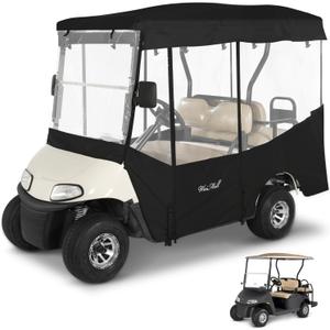 Golf Cart Enclosure 4 Passenger for EZGO RXV 2+2 Enclosure 600D Waterproof Windproof Driving Rain Cover Fit 4-Seater Long Roof with 4-Sided Clear Windows Roll-up Zipper Door Black