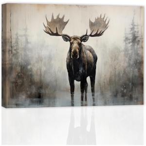 ZXHYWYM Large Moose Wall Art Wildlife Canvas Pictures Rustic Forest Wilderness Animal Painting Elmer Moose Artwork for Home Cabin Wall Decor Frame (C, (20.00" x 30.00"))