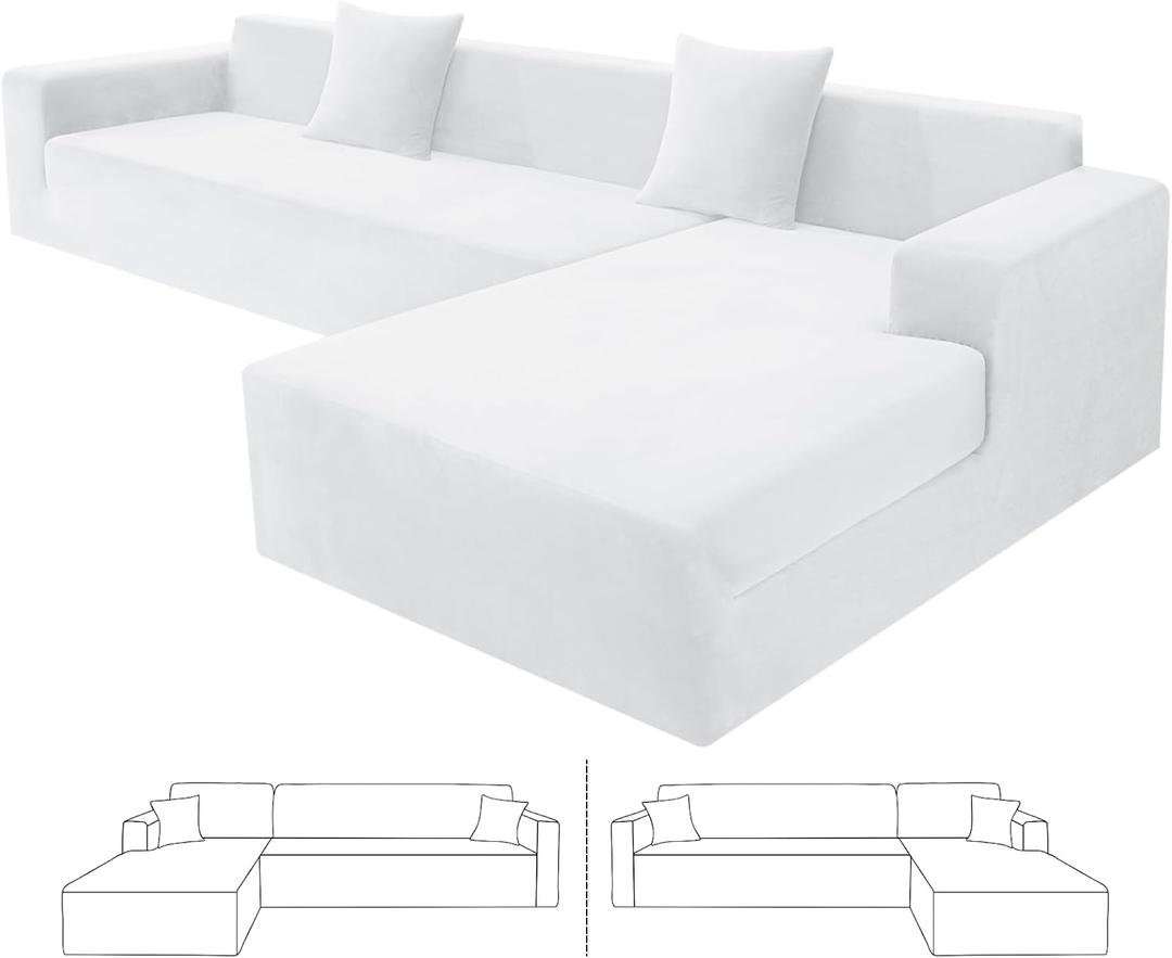 ZNSAYOTX 2026 Soft Velvet Sectional Couch Covers, Luxury Plush Slipcovers with Elastic Bottom for L Shape Sectional Sofa, 2 Pcs Pet Friendly Protector (3 Seat Couch + 3 Seat Chaise, White)