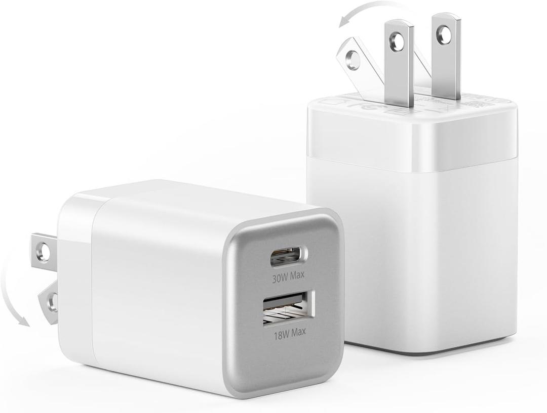 wegear 30W USB C Fast Charger, Dual Port USB C Wall Charger with Foldable Plug for iPhone 17/16/15, Samsung S24, iPad, 40% Smaller & Safer Nano Charger Block, (White, 2 Pack)