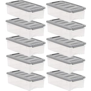 Amazon Basics Plastic Storage Containers with Secure Latching Lids, Stackable Organization Bins, Clear/Grey, 5 Quart, Set of 10