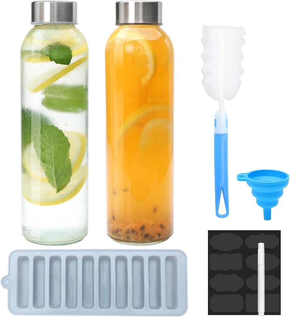 Brajttt Glass Juice Bottle with Lids,16oz Juicing Bottles Reusable, Clear Glass Water Bottles 16 oz with Stainless Steel Airtight Cap, Juice Beverage Container, Leak Proof Set of 2