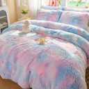 chovy Kids Girls Faux Fur Blue Rainbow Comforter Sets Twin/Full - 3PC Bed Set Soft Warm Comfortable Classical Rabbit Plush Velvet Flannel Fluffy Fuzzy BeddingComforter x 1 Pillowcases x 2