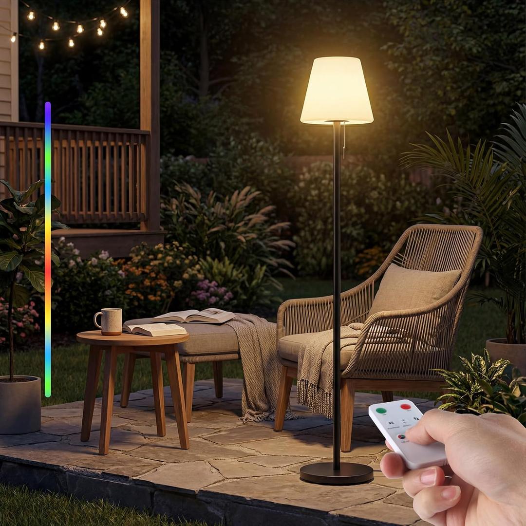 Outdoor Floor Lamp Solar/USB Charging Waterproof Cordless Rechargeable Patio Lamp with Light Sensor, Dimmable Warm White+RGB LED Ambient Light for Yard Garden