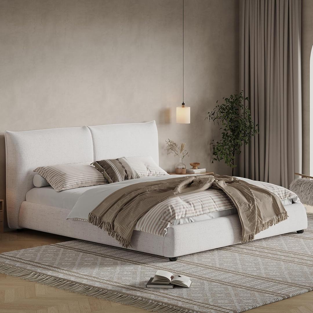 Merax Modern Upholstered Plattform Bed with Linen Pillow-Back Headboard, King Size Wood Floor Bed Frame with High Wingback, No Box Spring Needed, Easy Assemble, Beige