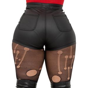 Womens Casual Faux Leather Shorts (Black, L)